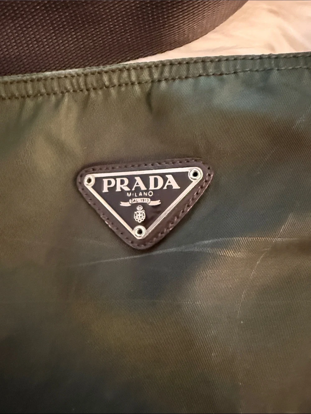 Prada Dark Green Nylon Messenger Bag with Black Strap